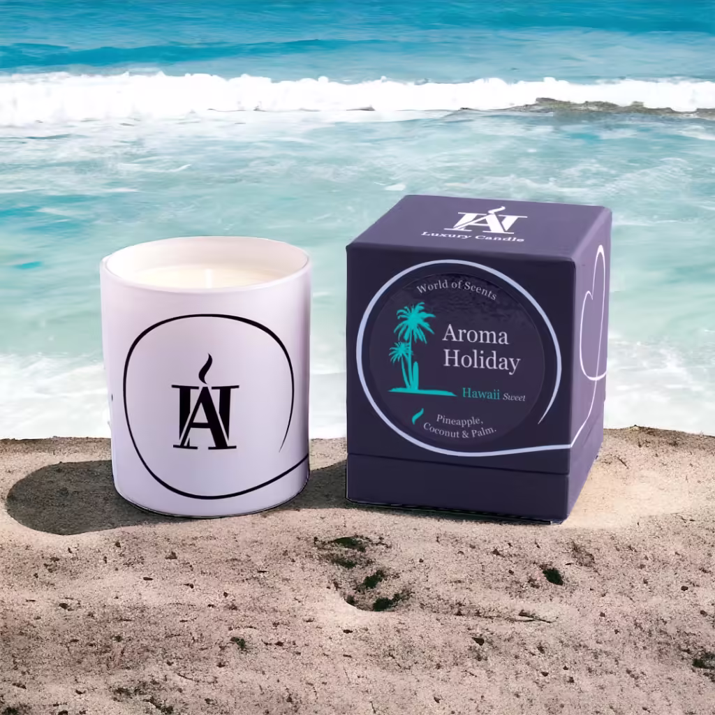 Hawaii fresh sweet candle fragrance with coconut, pineapple and palm. Creating home mood with scented gifts.
