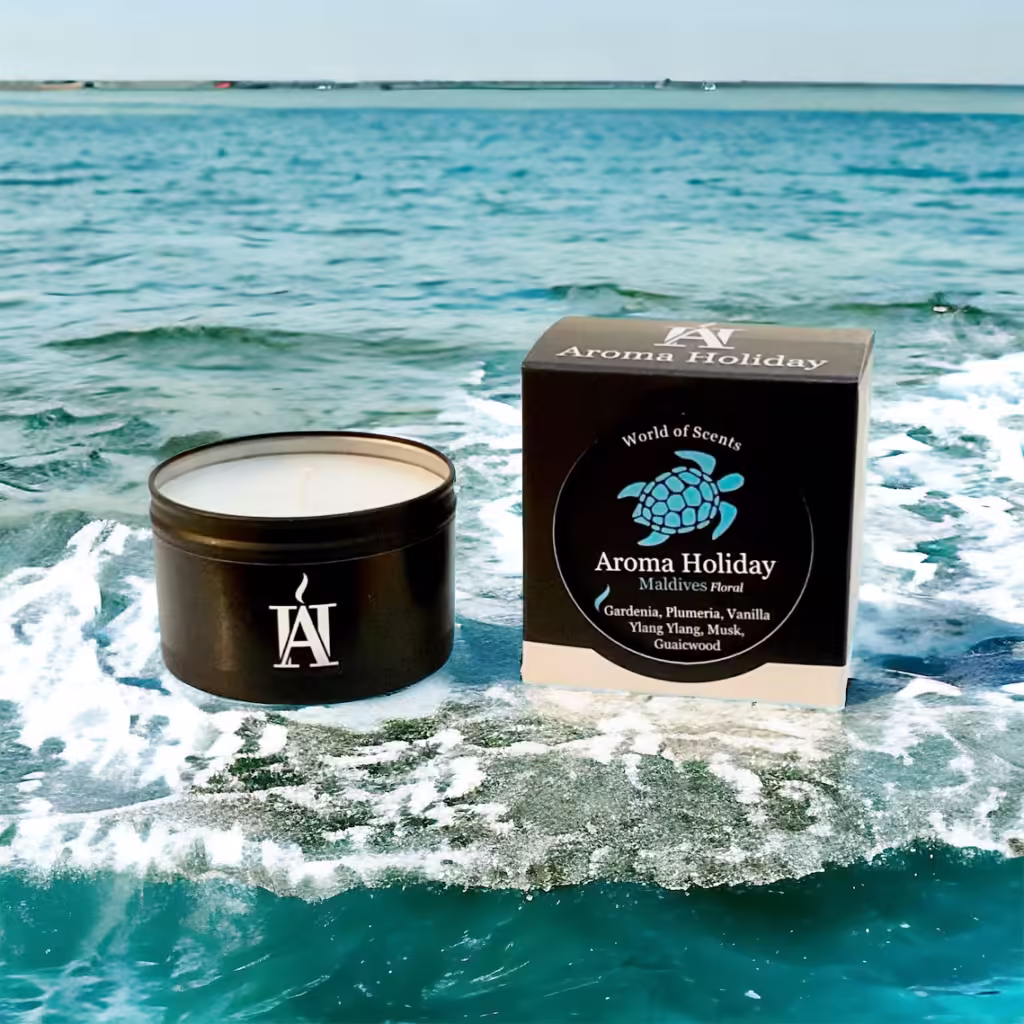 Single candle tin by AromaHoliday wanderlust gifts by aroma holiday fresh Maldives scented candle