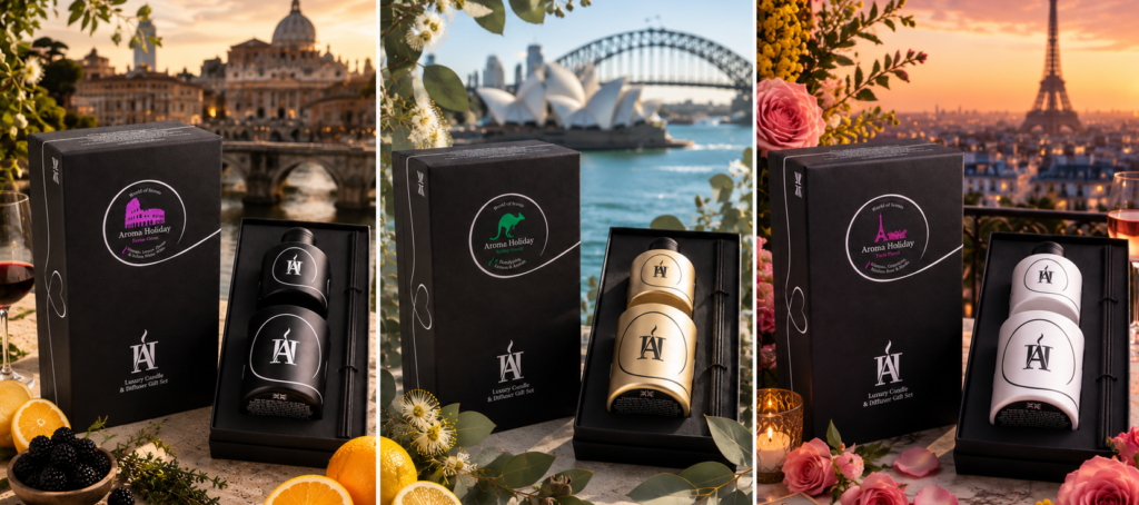Luxury scented candle and Reed diffusers in stylish gift boxes based on beautiful world destinations, designed by AromaHoliday Yorkshire UK. destination-inspired candles.