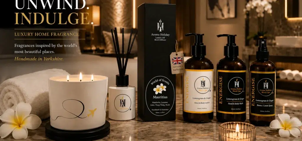 Luxury hotel inspired home fragrance featuring AromaHoliday candles, reed diffuser, room spray and World Spa collection in a spa-style bathroom.
