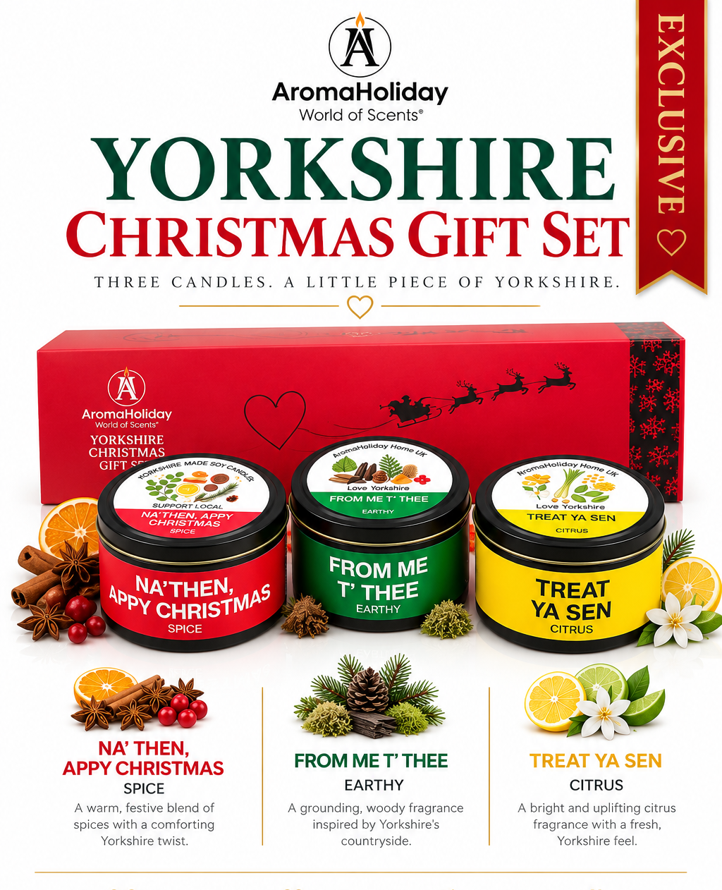 Secret Yorkshire Christmas Gift Set with three handmade soy candles in Spice, Earthy and Citrus fragrances